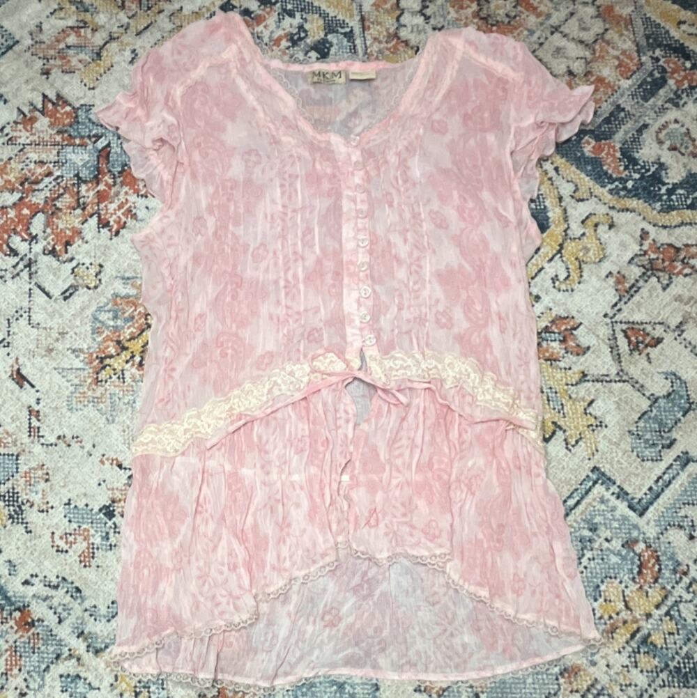MKM Designs Vintage Pink Boho Blouse Lace Trim Fairycore Cottagecore Size XL